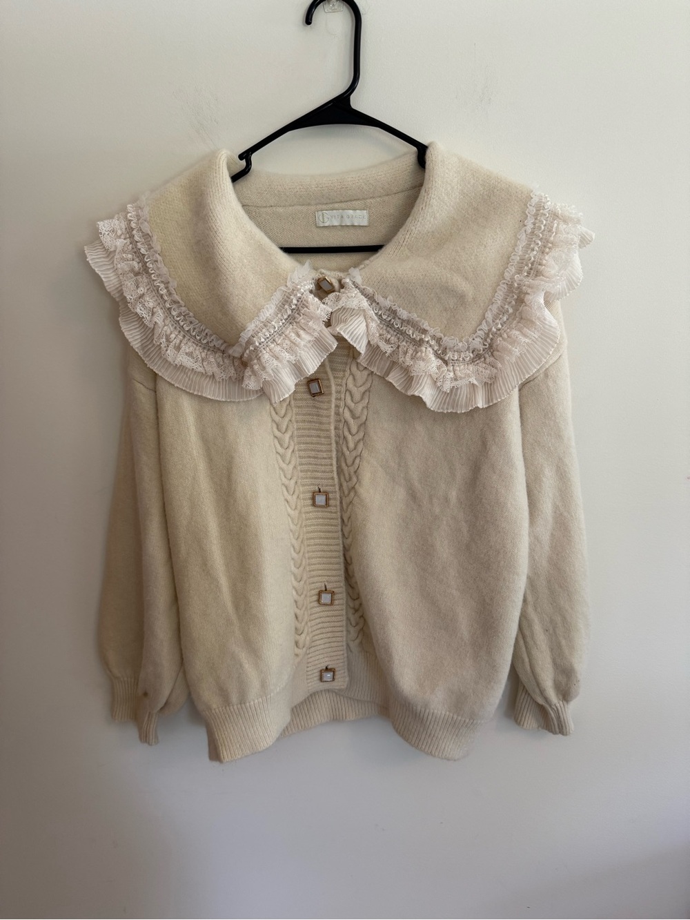 Ruffled Collar Cream Sweater Cardigan